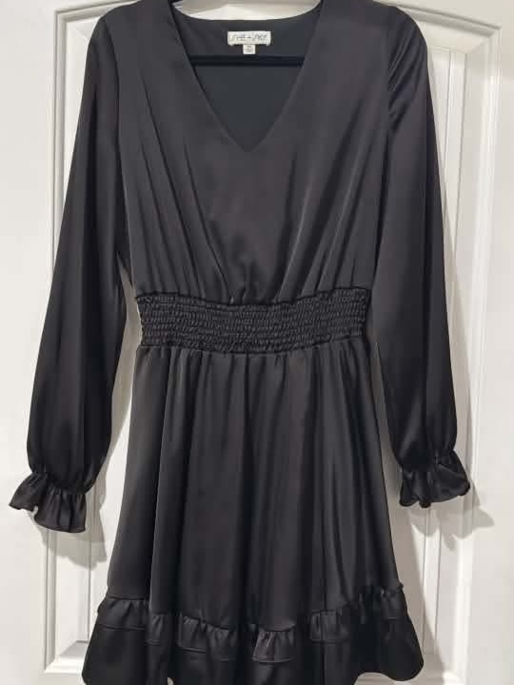 Black V-Neck Long Sleeve Smocked Waist Dress